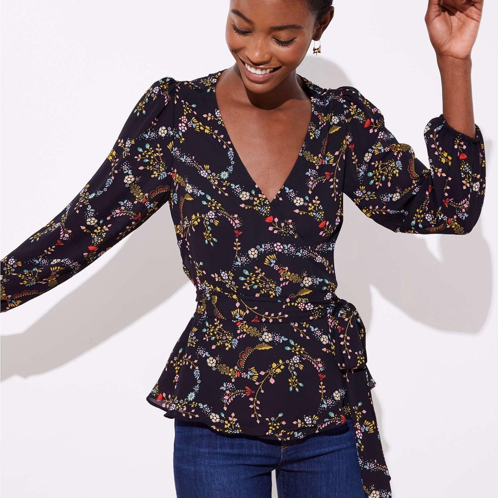 Black Long Sleeve Wrap Blouse in Floral Pattern
